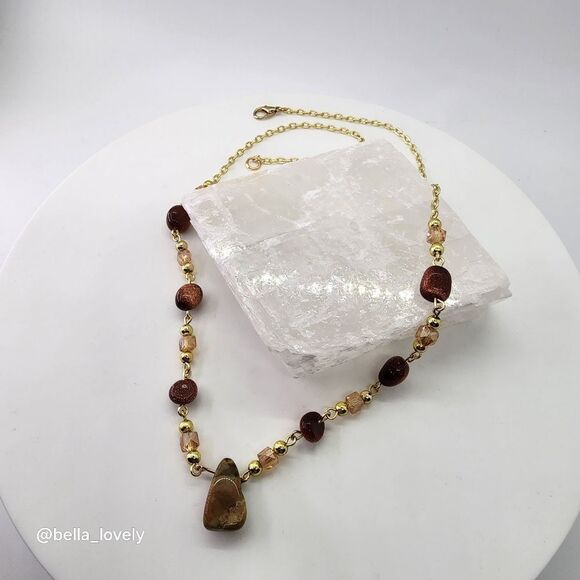 Sparkling Handmade Orange Green Ocean Jasper and Goldstone Necklace - Picture 7 of 10
